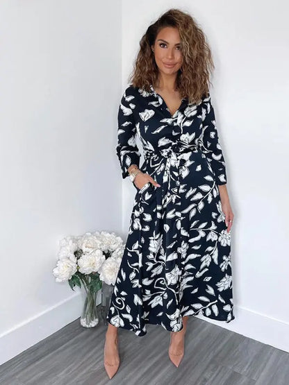 Women's Printed Cropped Sleeves Casual Mid-Length Shirt Dress MK Smith's Shop