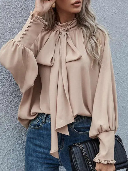 Women's Solid Color Puff Sleeve Bow Tie Blouse MK Smith's Shop