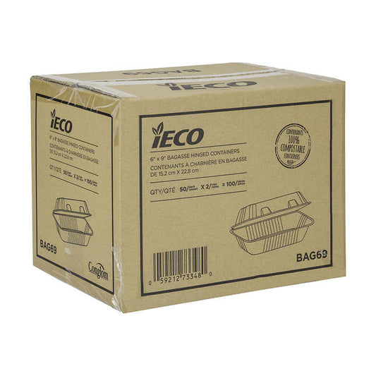 iEco Hinged Bagasse Containers 6 in × 9 in 2 packs of 50 IECO